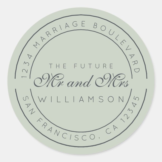 Sticker Rond Chic Script Future M. Mme Mariage Adresse de retou (Devant)