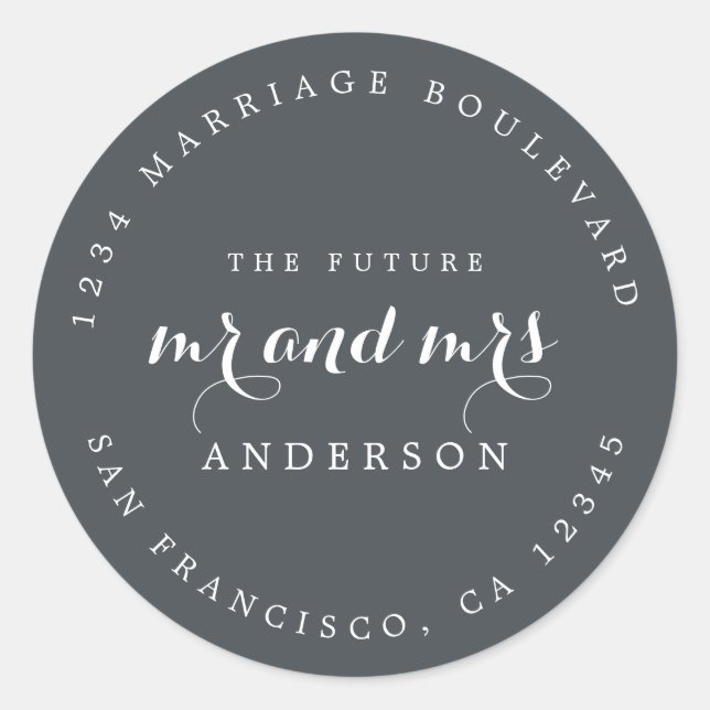 Sticker Rond Chic Script Future M. Mme Mariage Adresse de retou (Devant)