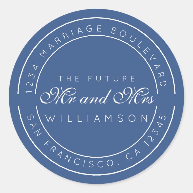 Sticker Rond Chic Script Future M. Mme Mariage Adresse de retou (Devant)