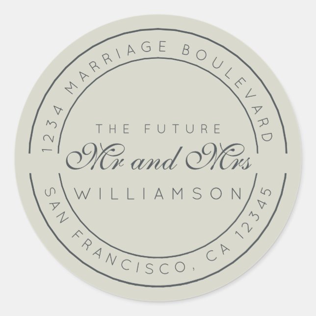 Sticker Rond Chic Script Future M. Mme Mariage Adresse de retou (Devant)