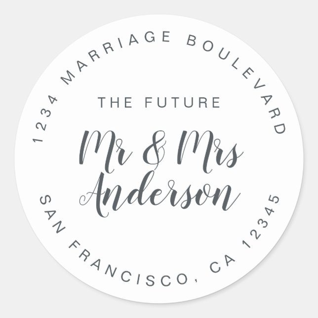 Sticker Rond Chic Script Future M. Mme Mariage Adresse de retou (Devant)