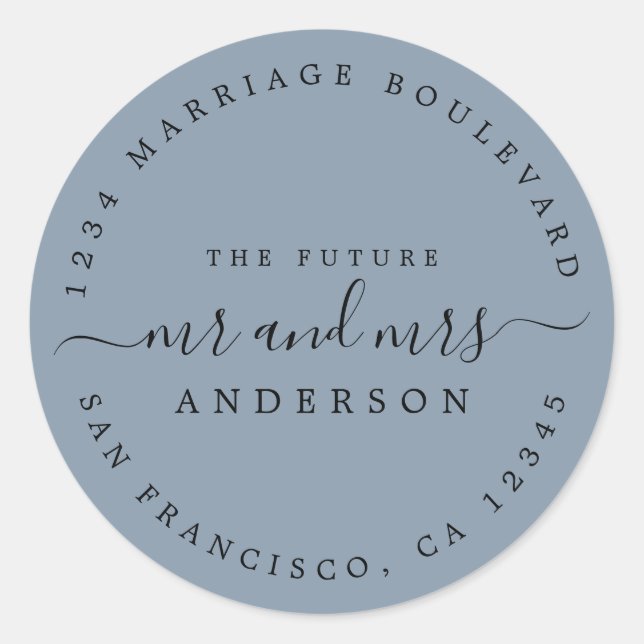 Sticker Rond Chic Script Future M. Mme Mariage Adresse de retou (Devant)