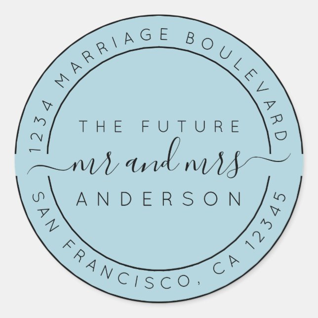 Sticker Rond Chic Script Future M. Mme Retour Adresse Bleu (Devant)