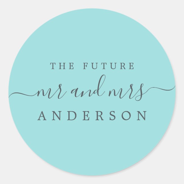 Sticker Rond Chic Script Future M. Mme Turquoise Mariage bleu (Devant)