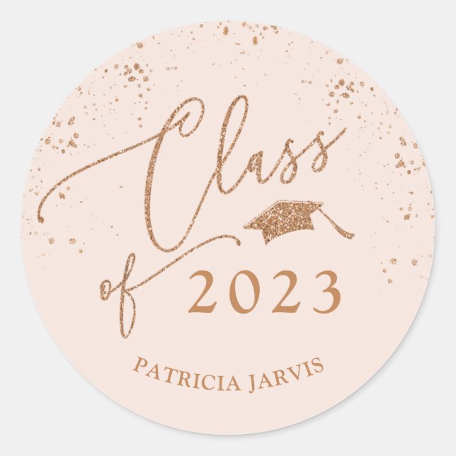Sticker Rond Chic Script Graduation Festive Rose Gold Pailleté (Devant)