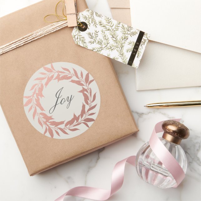 Sticker Rond Chic Script Joie Rose Gold Wreath Christmas Grey (Cadeaux)