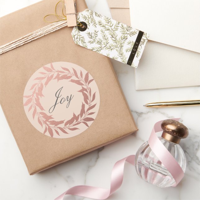 Sticker Rond Chic Script Joie Rose Gold Wreath Christmas Pink (Cadeaux)