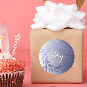 Sticker Rond Chic Script Joy Blue Foil Wreath Christmas Classic