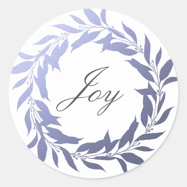 Sticker Rond Chic Script Joy Blue Foil Wreath Noël (Devant)