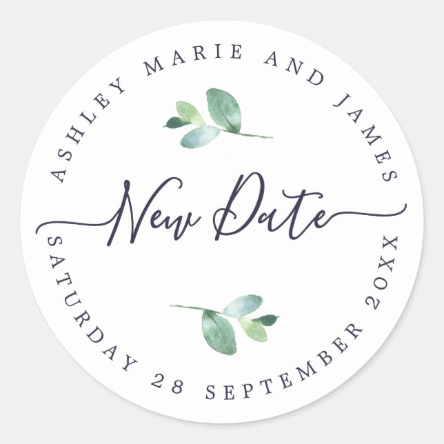 Sticker Rond Chic Script Nouveau Date Reportée Mariage Étiquett (Devant)