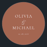 Sticker Rond Chic Script Terracotta Minimalist Wedding<br><div class="desc">Add a personal and elegant touch to your wedding favors, envelopes, or packaging with this minimalist round sticker featuring your custom name in a graceful script font. Designed to complement a modern and timeless wedding theme, this classic Terracotta and white design pairs beautifully with any part of your celebration. Perfect...</div>