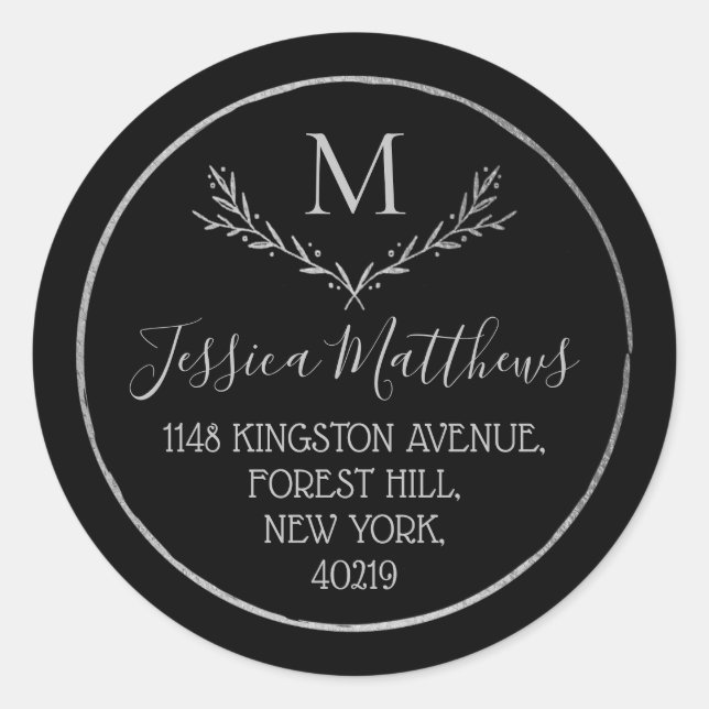 Sticker Rond Chic Silver Foil Wreath Monogramme Adresse de reto (Devant)