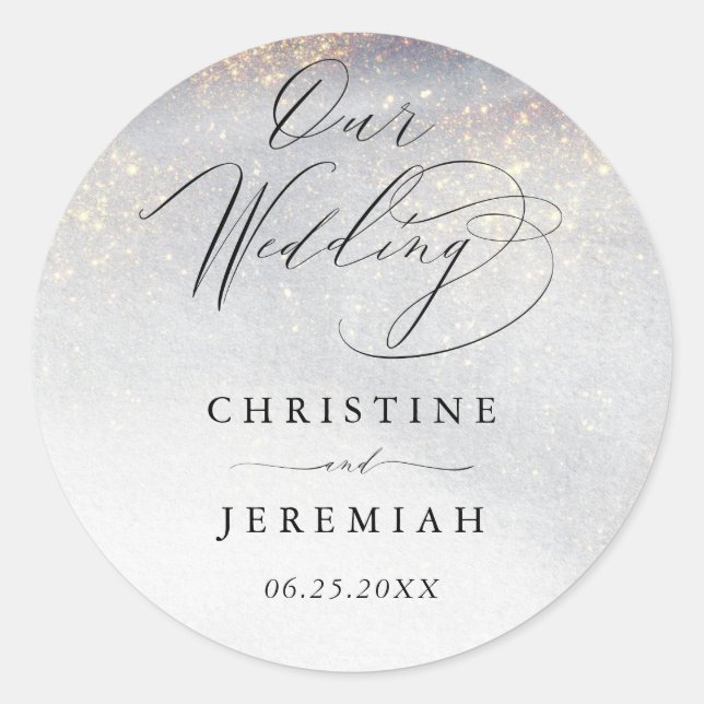 Sticker Rond Chic Silver Gold Sparkle Aquarelle Mariage de luxe (Devant)