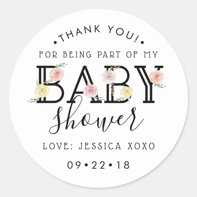 Sticker Rond Chic simple Baby shower de jardin fleuri Merci (Devant)
