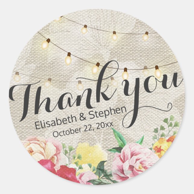 Sticker Rond Chic String Lights Linen Floral Mariage Merci (Devant)
