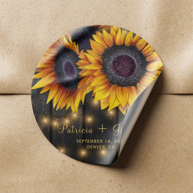 Sticker Rond Chic Sunflowers bois rustique mariage enveloppe sc (Créateur téléchargé)