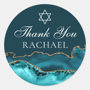 Sticker Rond Chic Turquoise or Personnalisé Bat mitzvah Merci