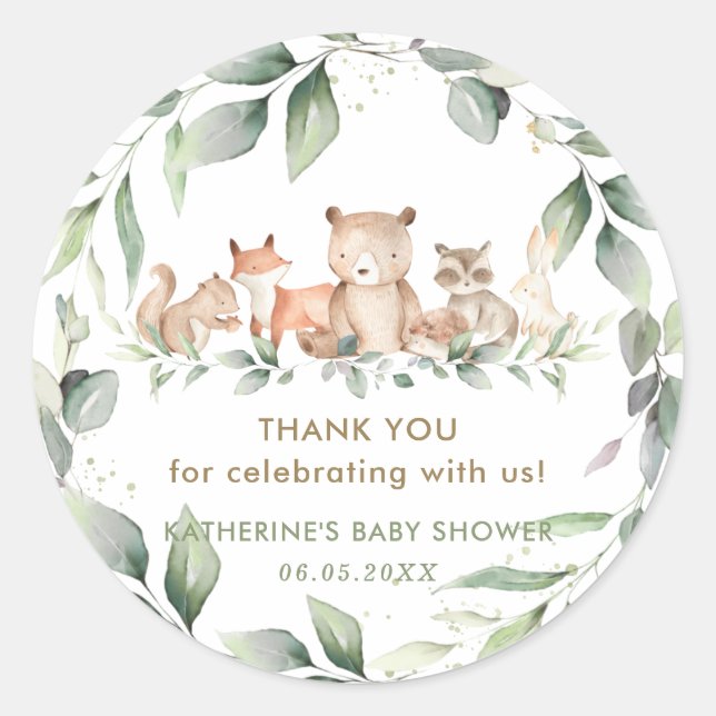 Sticker Rond Chic verdure Bois Animaux Baby shower Faveurs (Devant)
