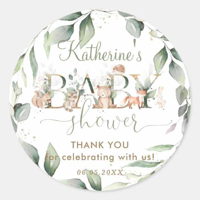 Sticker Rond Chic verdure Bois Animaux Baby shower Favoriser (Devant)