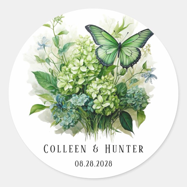 Sticker Rond Chic Vert Hydrangea Floral Butal Mariage (Devant)
