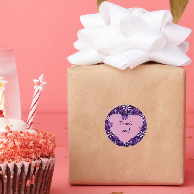 Sticker Rond Chic Violet Blush Fleur Cœur Merci (Fête)