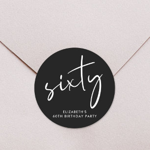 Sticker Rond Chic White Script Black 60th Birthday Party