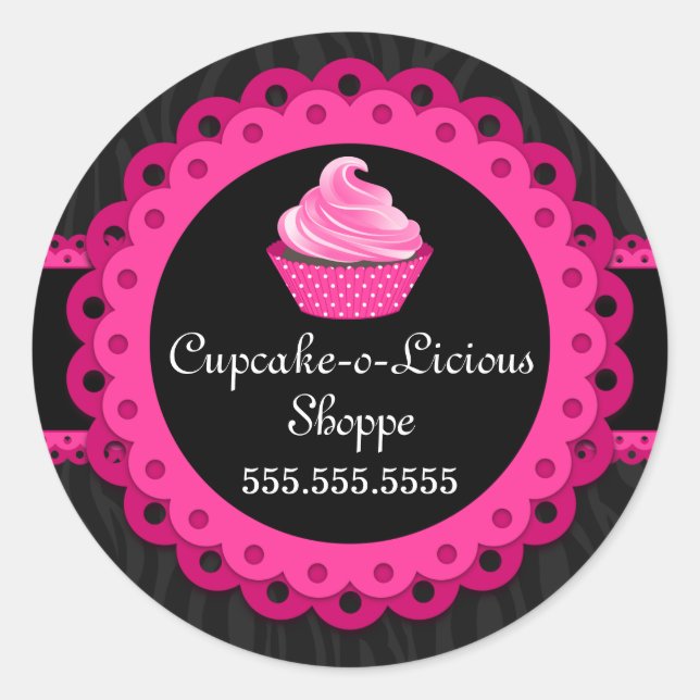Sticker Rond Chic Zebra Pink Dentelle Cupcake Boulangerie Boîte (Devant)
