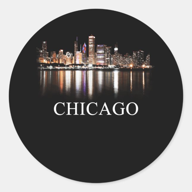 Sticker Rond Chicago City Skyline Lights At Night Chicago Illin (Devant)