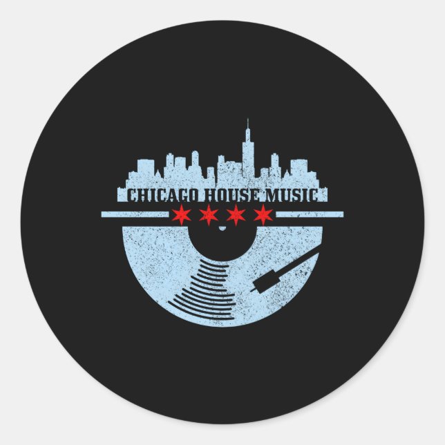 Sticker Rond Chicago House Music Vinyl Dj Raver drapeau Skyline (Devant)