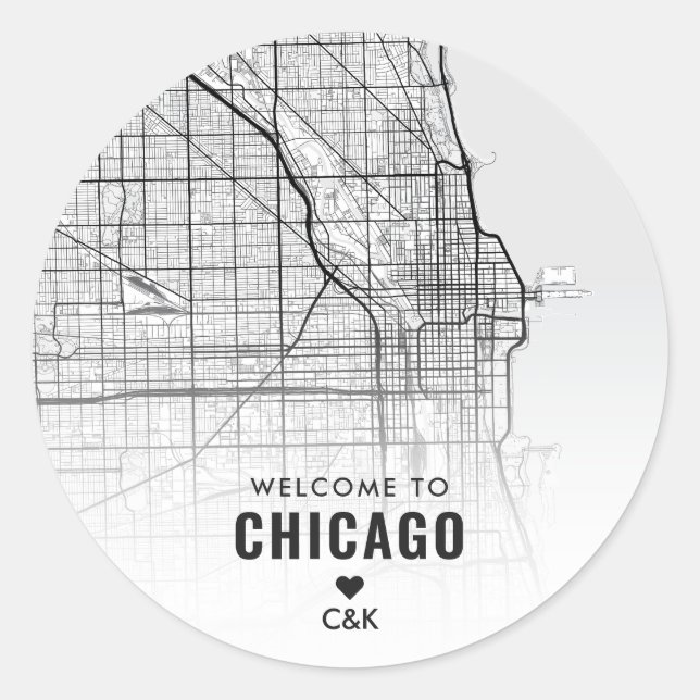 Sticker Rond Chicago, IL City Map | Bienvenue Mariage (Devant)