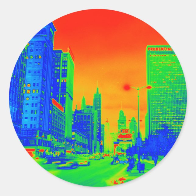 Sticker Rond Chicago Michigan Avenue @ Nuit 1967 Neon Colorful (Devant)