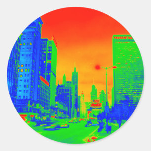 Sticker Rond Chicago Michigan Avenue @ Nuit 1967 Neon Colorful