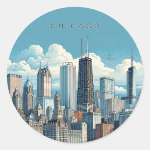 Sticker Rond Chicago Skyline Bleu Moderne