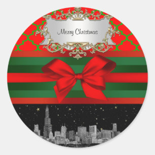 Sticker Rond Chicago Skyline, Red Green Quatrefoil Xmas