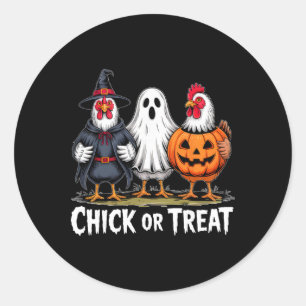 Sticker Rond Chick Or Treat Sorcière Fantôme Citrouille Poulet