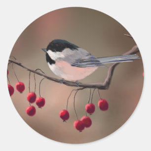Sticker Rond CHICKADEE & BERRIES ROUGES par SHARON SHARPE
