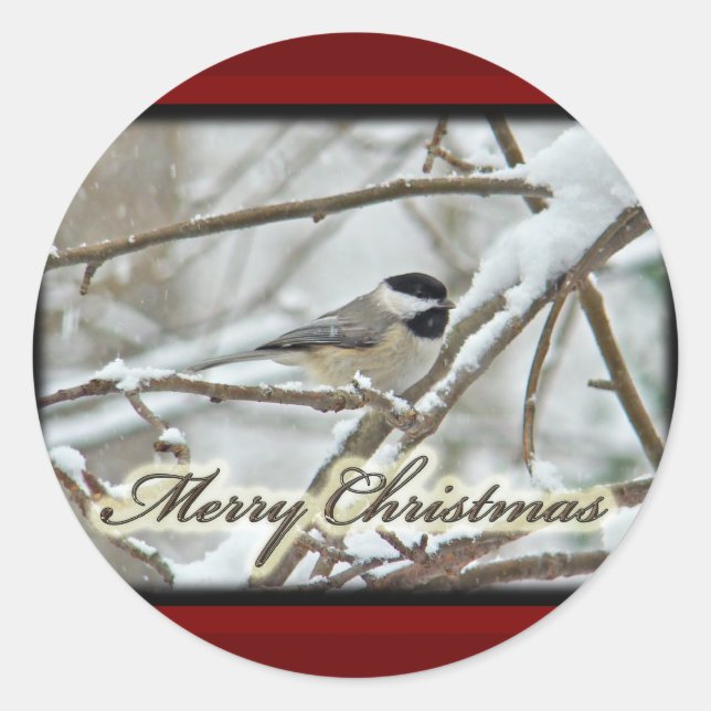 Sticker Rond Chickadee noir de Noël en neige (Devant)