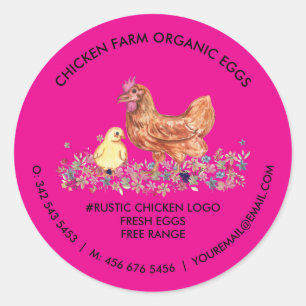 Sticker Rond Chicken Ferme Bio Oeufs frais rose