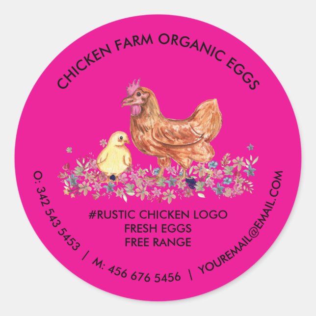 Sticker Rond Chicken Ferme Bio Oeufs frais rose (Devant)