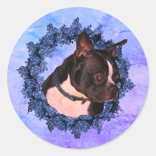 Sticker Rond Chien à couronne de fleurs de Boston Terrier (Devant)