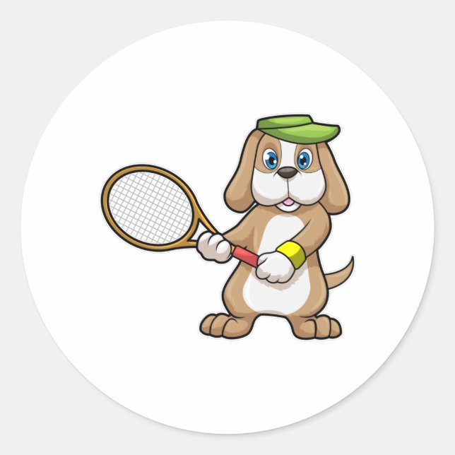 Sticker Rond Chien à Tennis avec raquette de tennis & Casquette (Devant)