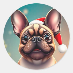 Sticker Rond Chien adorable portant un chapeau de Père Noël