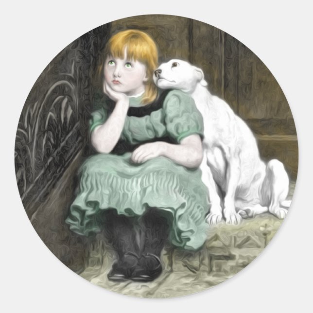 Sticker Rond Chien Adoring Girl Victorian Peinture (Devant)