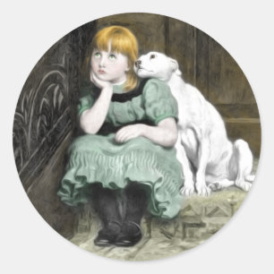 Sticker Rond Chien Adoring Girl Victorian Peinture