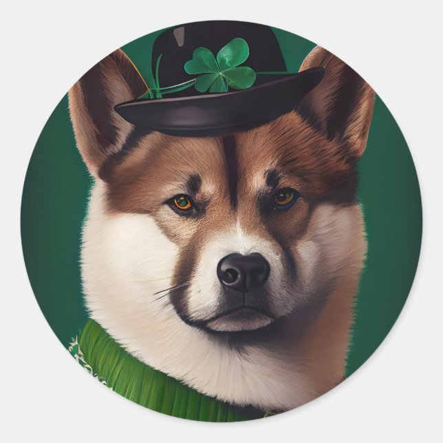 Sticker Rond Chien akita en tenue de la Saint Patrick's Day (Devant)