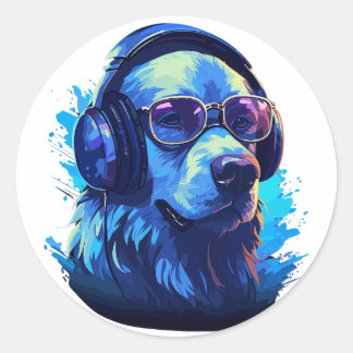 Sticker Rond Chien amoureux de la musique avec casque