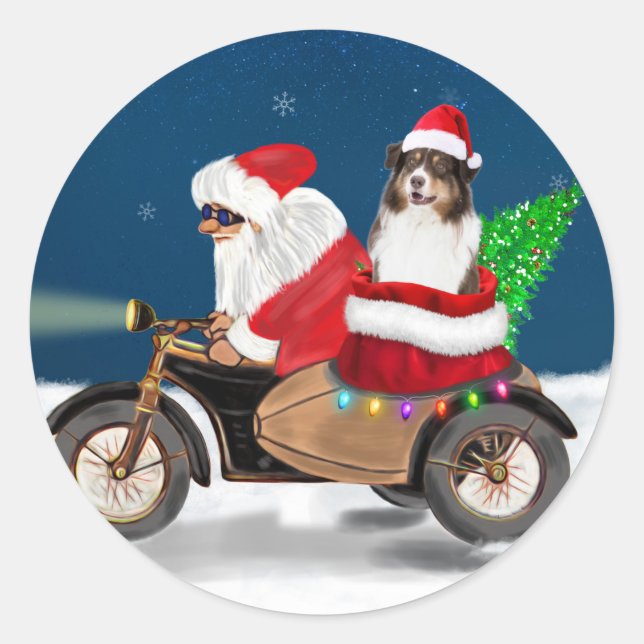 Sticker Rond Chien australien Noël Père Noël (Devant)