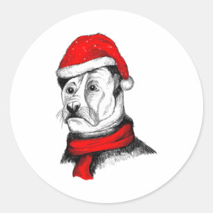 Sticker Rond Chien avec chapeau de Noël