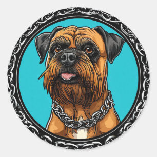 Sticker Rond Chien avec Collier à Chaîne Design de Chien Gras �