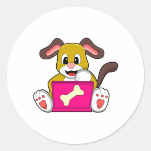 Sticker Rond Chien avec ordinateur portable